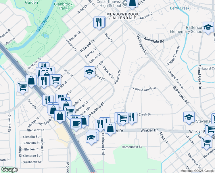 map of restaurants, bars, coffee shops, grocery stores, and more near 8168 Milredge Street in Houston