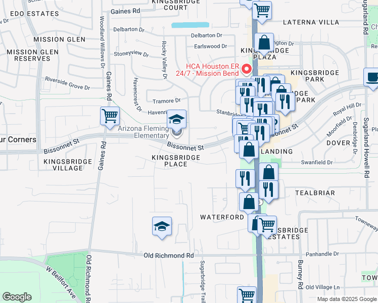 map of restaurants, bars, coffee shops, grocery stores, and more near 9403 Gatmere Court in Sugar Land