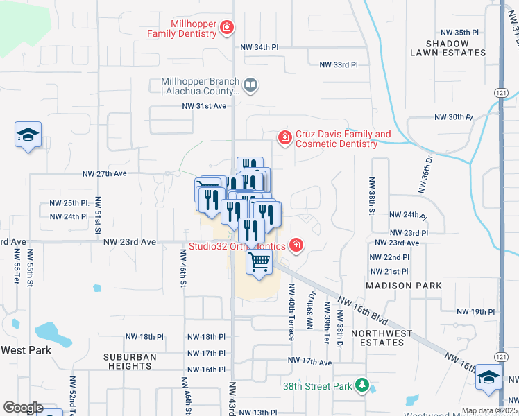 map of restaurants, bars, coffee shops, grocery stores, and more near 2627 Northwest 43rd Street in Gainesville