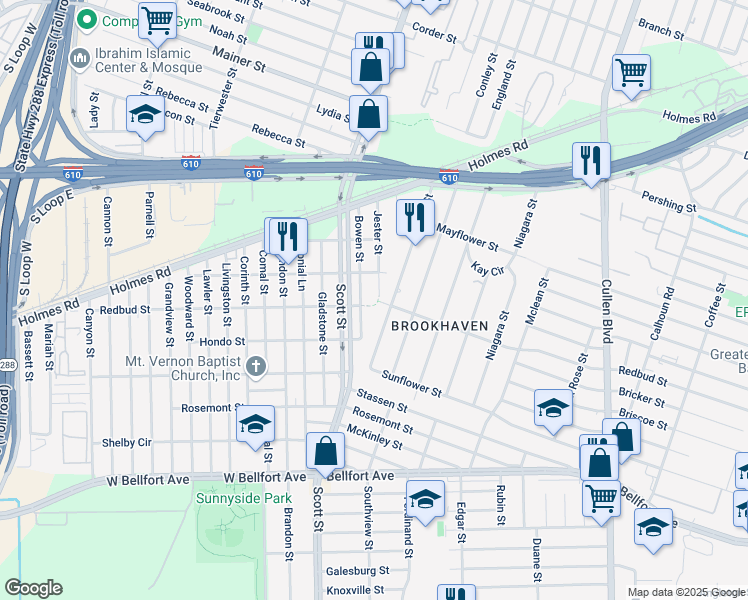 map of restaurants, bars, coffee shops, grocery stores, and more near 7926 Jester Street in Houston