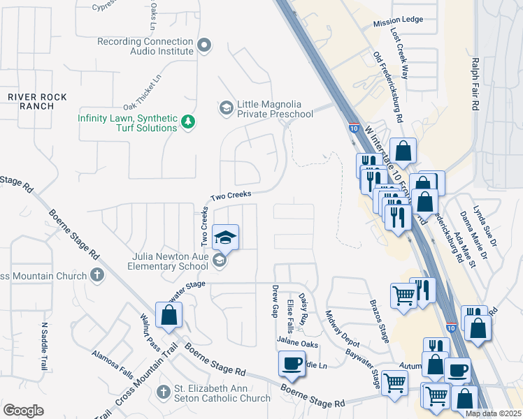 map of restaurants, bars, coffee shops, grocery stores, and more near 24760 Buck Creek in San Antonio
