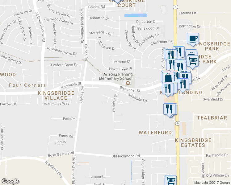 map of restaurants, bars, coffee shops, grocery stores, and more near 14903 Armitage Lane in Sugar Land