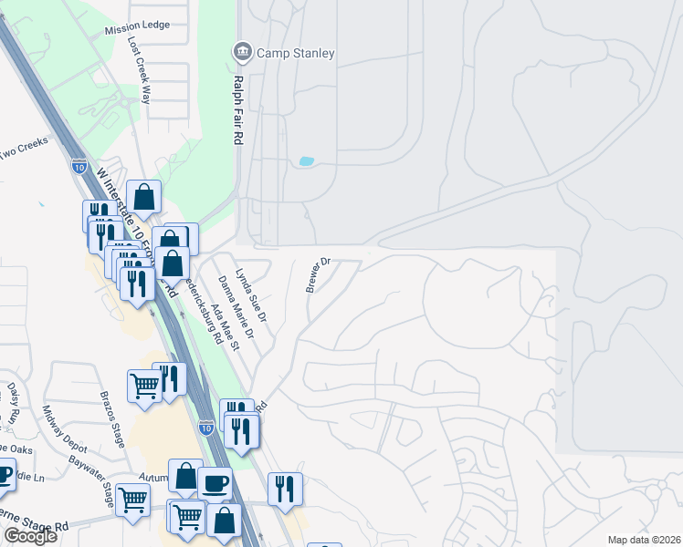 map of restaurants, bars, coffee shops, grocery stores, and more near 25230 Pat Parkway in San Antonio