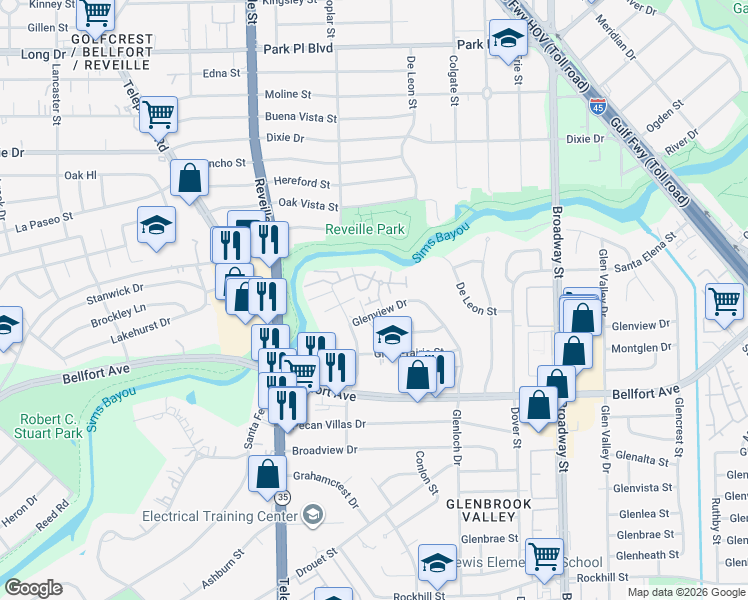 map of restaurants, bars, coffee shops, grocery stores, and more near 7627 Glenview Drive in Houston