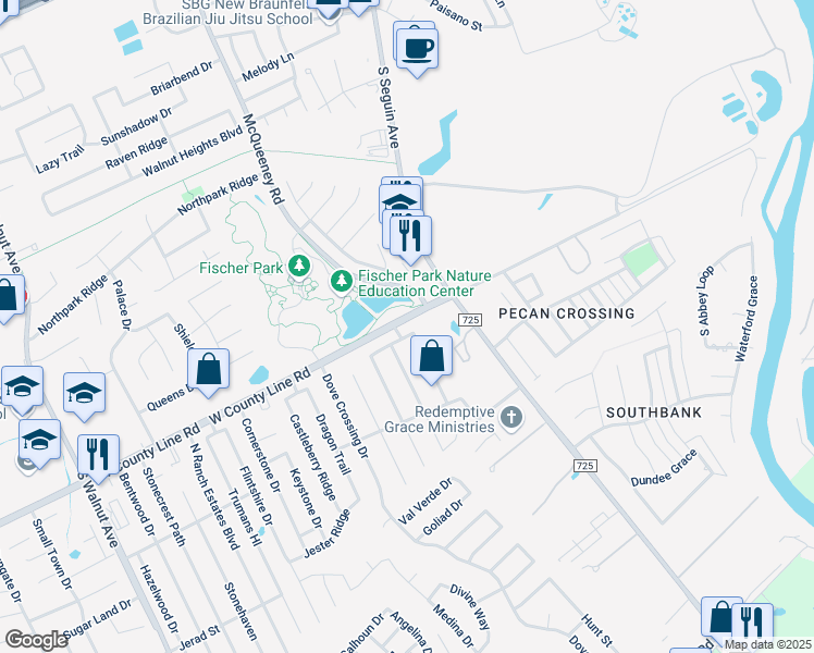 map of restaurants, bars, coffee shops, grocery stores, and more near 2019 Heaton Hall Drive in New Braunfels
