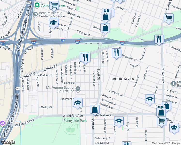 map of restaurants, bars, coffee shops, grocery stores, and more near 7925 Colonial Lane in Houston