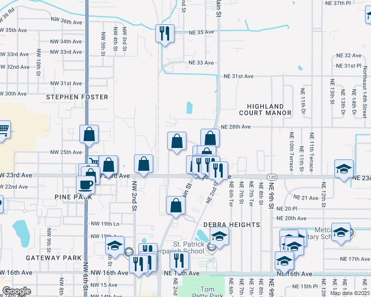 map of restaurants, bars, coffee shops, grocery stores, and more near 2448 North Main Street in Gainesville