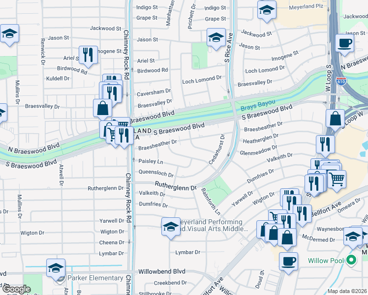 map of restaurants, bars, coffee shops, grocery stores, and more near 5211 Braesheather Drive in Houston