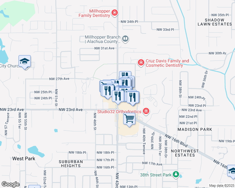 map of restaurants, bars, coffee shops, grocery stores, and more near 2582 NW 43rd St in Gainesville