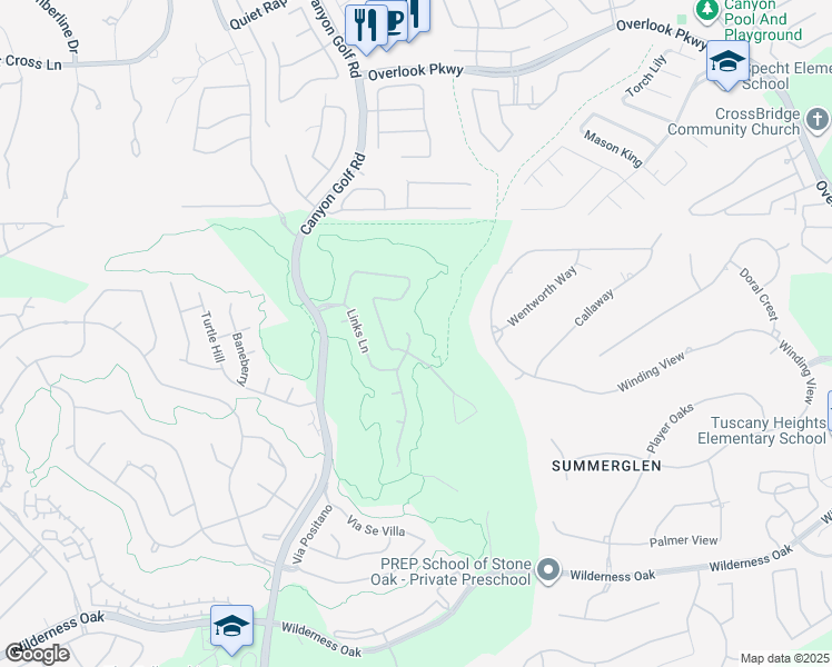 map of restaurants, bars, coffee shops, grocery stores, and more near 25214 Shinnecock Trail in San Antonio
