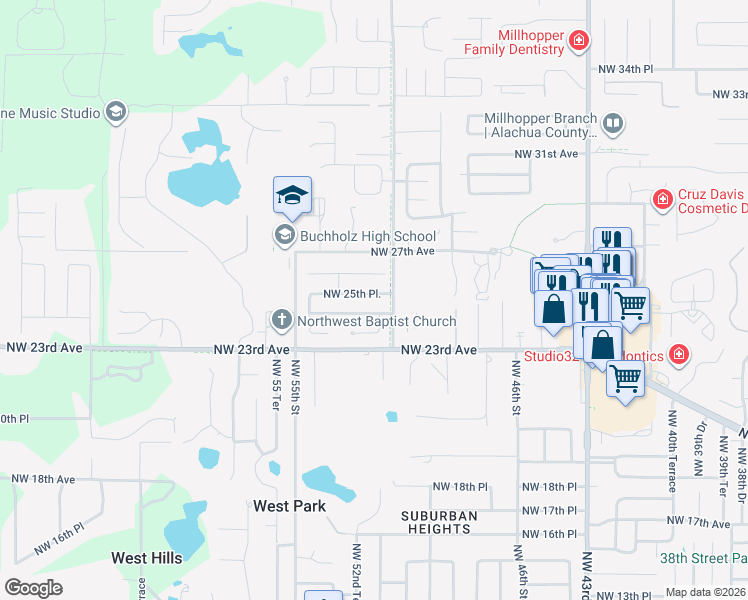 map of restaurants, bars, coffee shops, grocery stores, and more near 5127 Northwest 25 Place in Gainesville