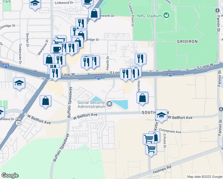 map of restaurants, bars, coffee shops, grocery stores, and more near 8811 Lakes at 610 Drive in Houston