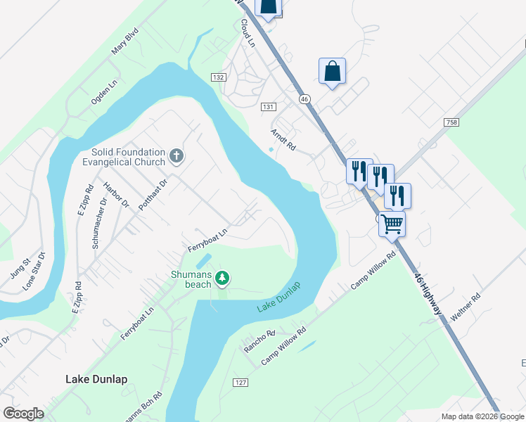 map of restaurants, bars, coffee shops, grocery stores, and more near 1225 Ferryboat Lane in New Braunfels