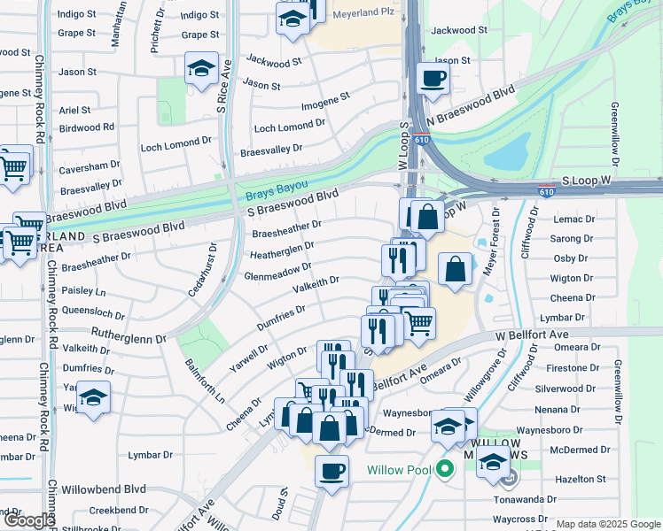 map of restaurants, bars, coffee shops, grocery stores, and more near 4939 Glenmeadow Drive in Houston