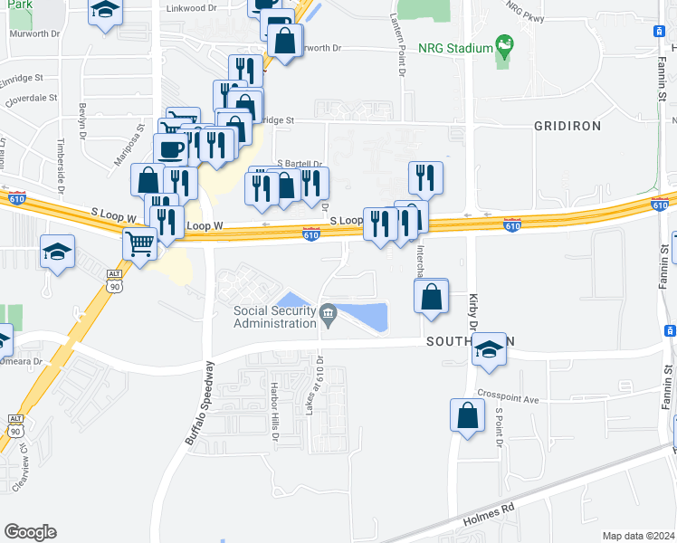 map of restaurants, bars, coffee shops, grocery stores, and more near 8811 Lakes at 610 Drive in Houston