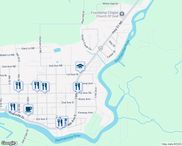 map of restaurants, bars, coffee shops, grocery stores, and more near 1613 1st Avenue Northeast in Steinhatchee