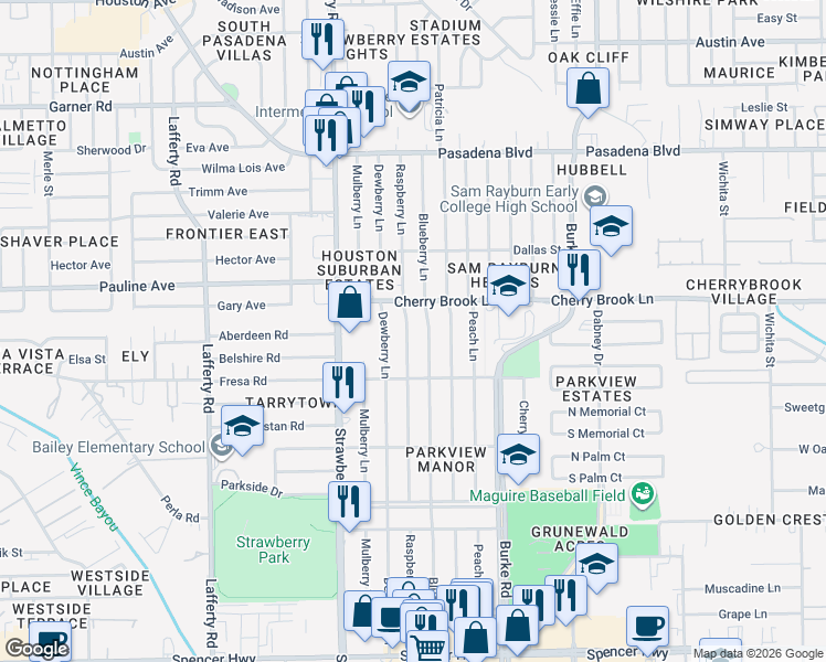 map of restaurants, bars, coffee shops, grocery stores, and more near 2405 Raspberry Lane in Pasadena