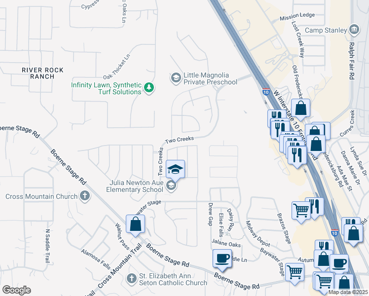 map of restaurants, bars, coffee shops, grocery stores, and more near 25063 El Well Point in San Antonio
