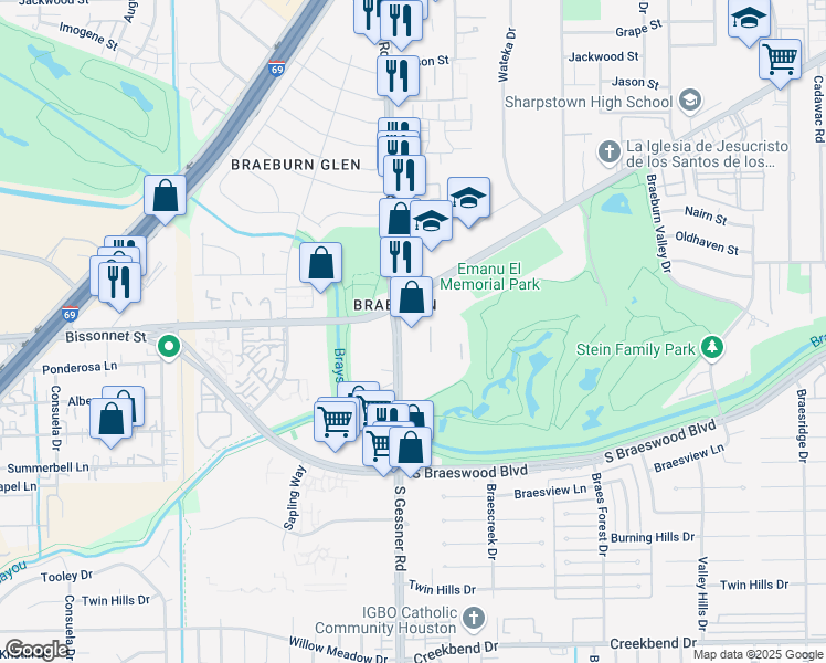 map of restaurants, bars, coffee shops, grocery stores, and more near 9615 South Gessner Road in Houston