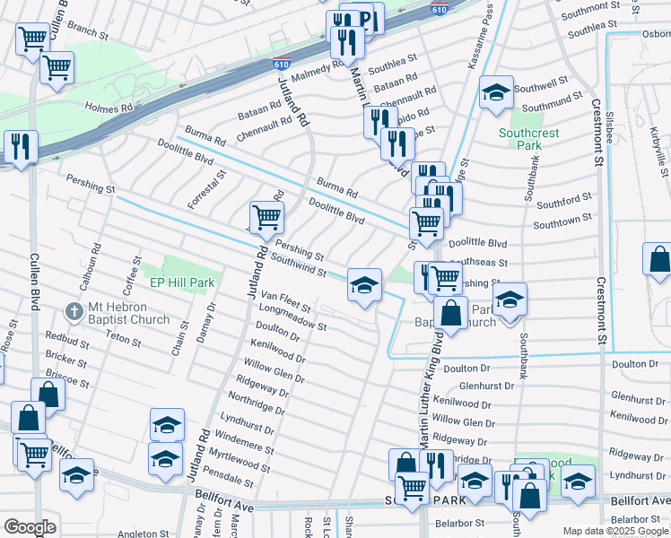 map of restaurants, bars, coffee shops, grocery stores, and more near 5314 Pershing Street in Houston