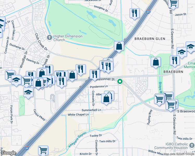 map of restaurants, bars, coffee shops, grocery stores, and more near Bissonnet Street in Houston