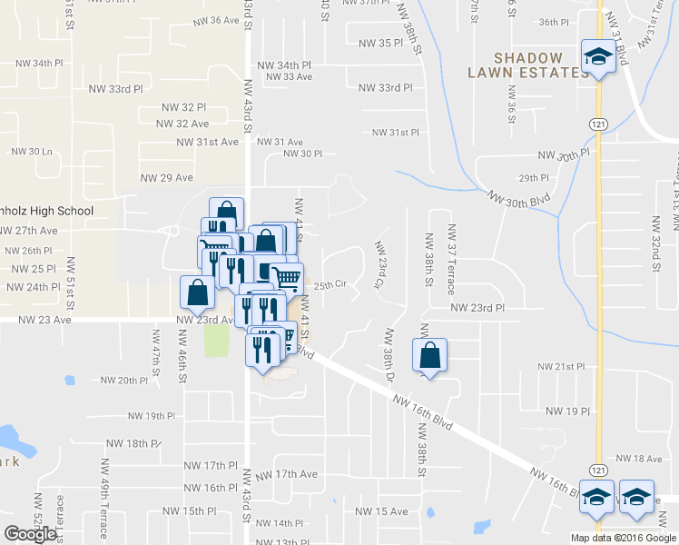 map of restaurants, bars, coffee shops, grocery stores, and more near 3962 Northwest 25th Circle in Gainesville