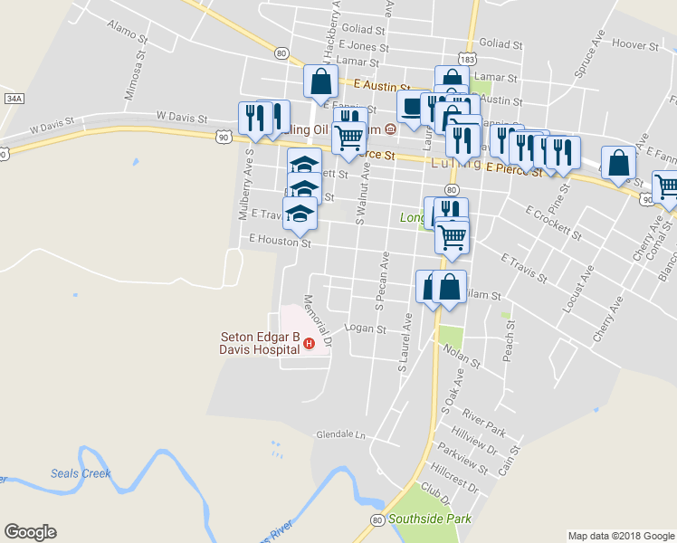 map of restaurants, bars, coffee shops, grocery stores, and more near 327 East Milam Street in Luling