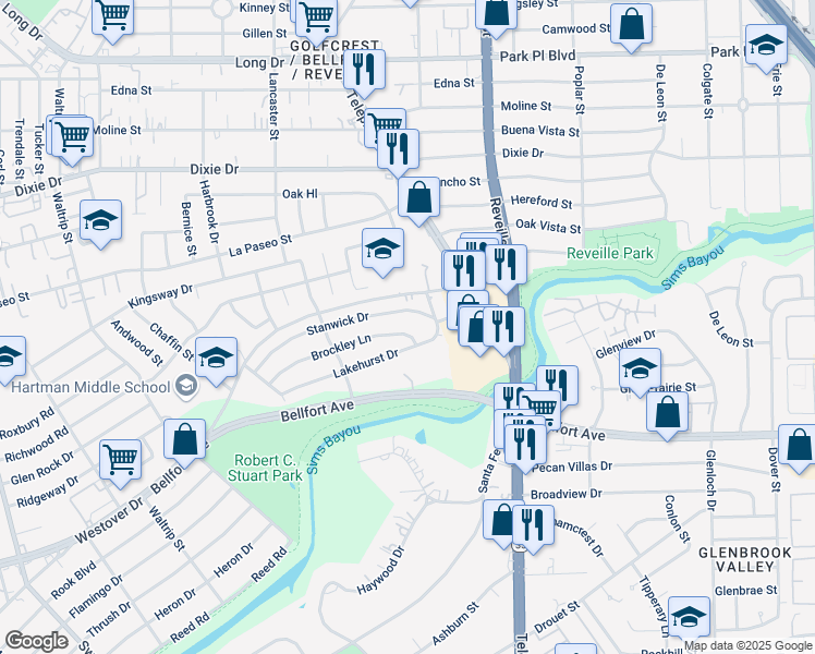 map of restaurants, bars, coffee shops, grocery stores, and more near 7463 Brockley Ln in Houston