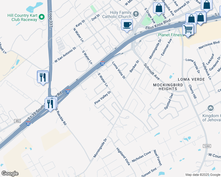 map of restaurants, bars, coffee shops, grocery stores, and more near 291 South Water Lane in New Braunfels