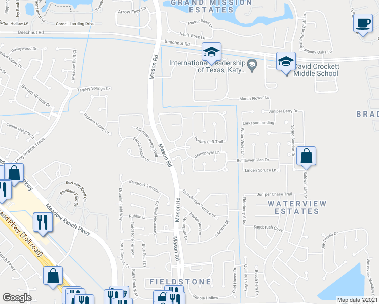 map of restaurants, bars, coffee shops, grocery stores, and more near 20311 Rosalina River Court in Richmond