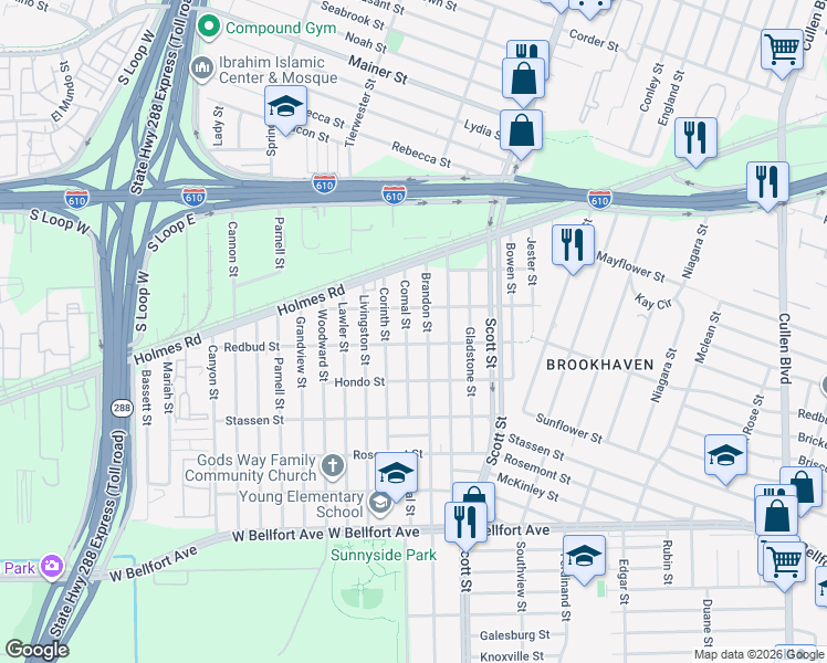 map of restaurants, bars, coffee shops, grocery stores, and more near 7926 Brandon Street in Houston
