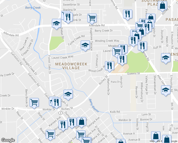 map of restaurants, bars, coffee shops, grocery stores, and more near 2302 Flagstone Terrace in Houston
