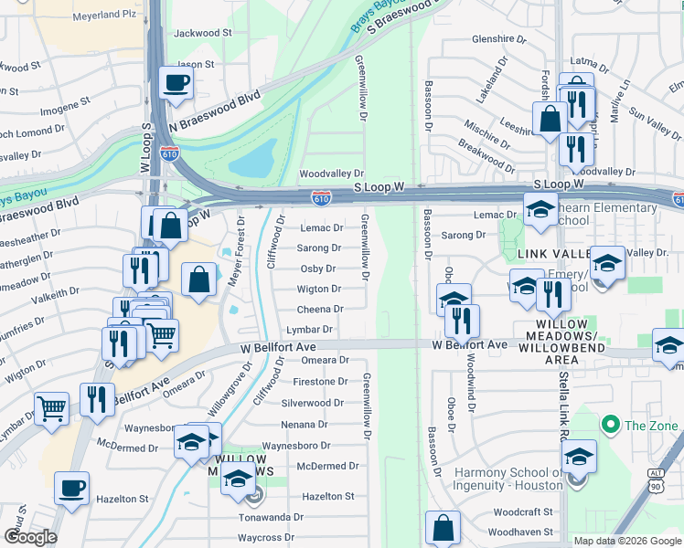 map of restaurants, bars, coffee shops, grocery stores, and more near 4307 Osby Drive in Houston