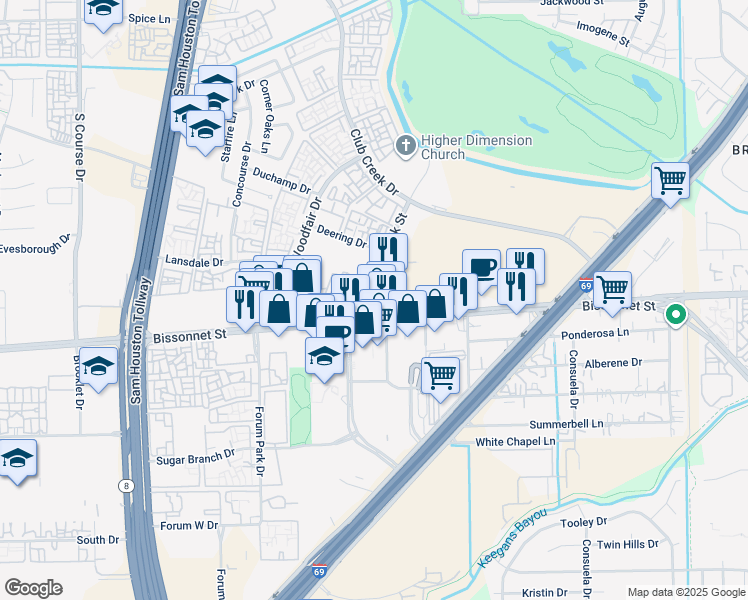 map of restaurants, bars, coffee shops, grocery stores, and more near 9780 Bissonnet Street in Houston