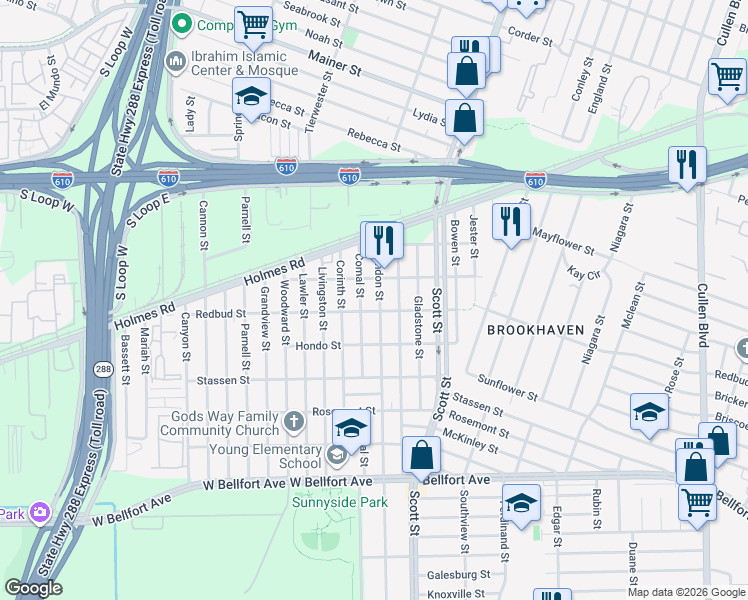 map of restaurants, bars, coffee shops, grocery stores, and more near 7926 Brandon Street in Houston
