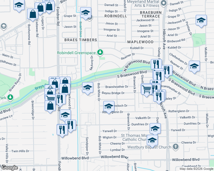 map of restaurants, bars, coffee shops, grocery stores, and more near 6222 Braesheather Circle in Houston