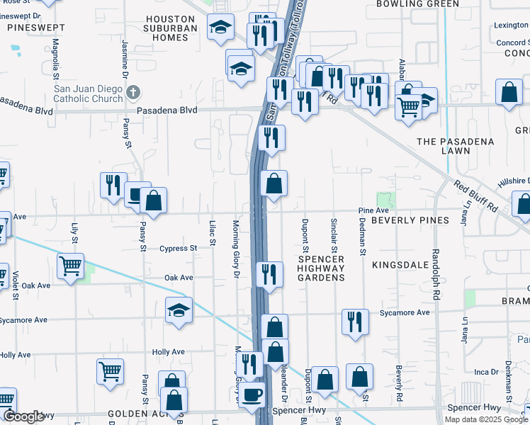 map of restaurants, bars, coffee shops, grocery stores, and more near Texas 8 Beltway & Pine St in Pasadena