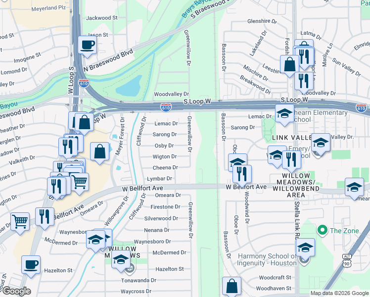 map of restaurants, bars, coffee shops, grocery stores, and more near 4307 Osby Drive in Houston