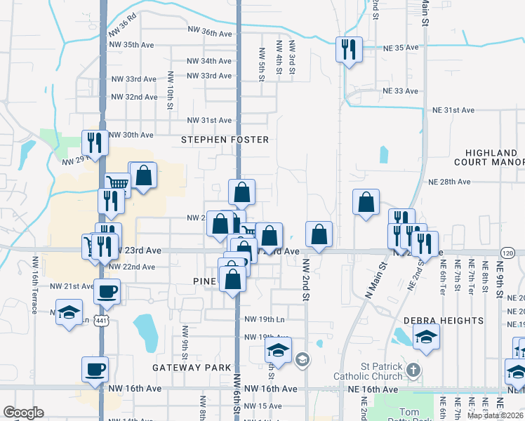 map of restaurants, bars, coffee shops, grocery stores, and more near 2503 Northwest 4th Terrace in Gainesville