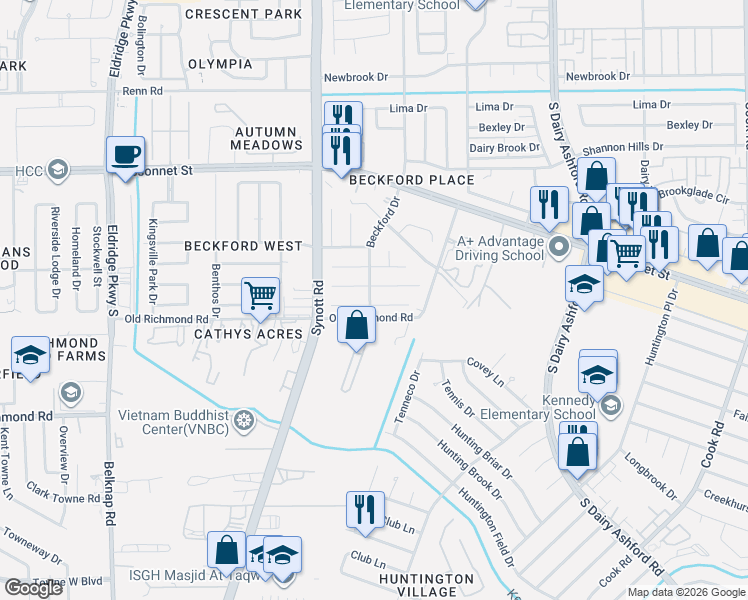 map of restaurants, bars, coffee shops, grocery stores, and more near 13026 Birch Grove Drive in Houston