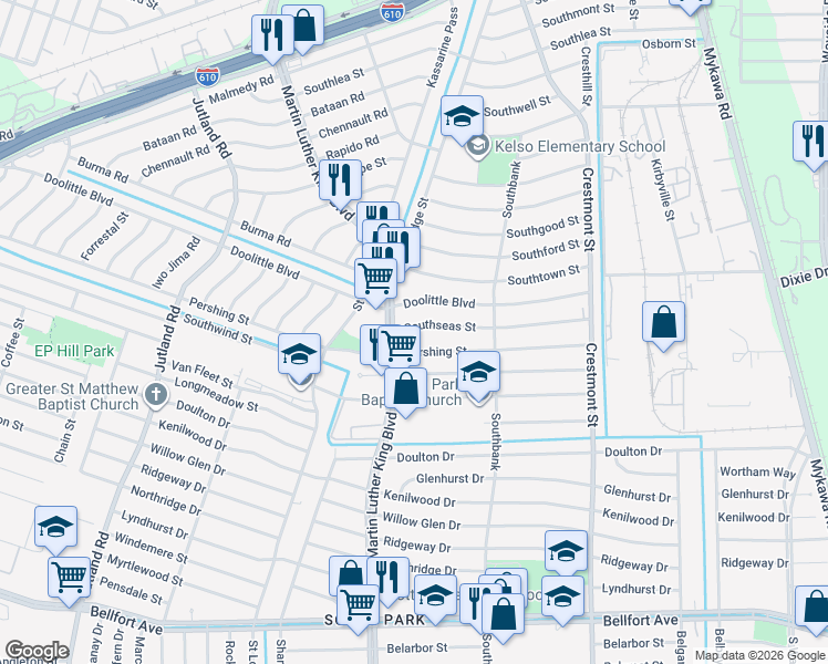 map of restaurants, bars, coffee shops, grocery stores, and more near 5714 Southseas Street in Houston