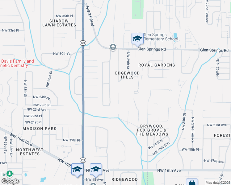 map of restaurants, bars, coffee shops, grocery stores, and more near 2510 Northwest 30th Terrace in Gainesville