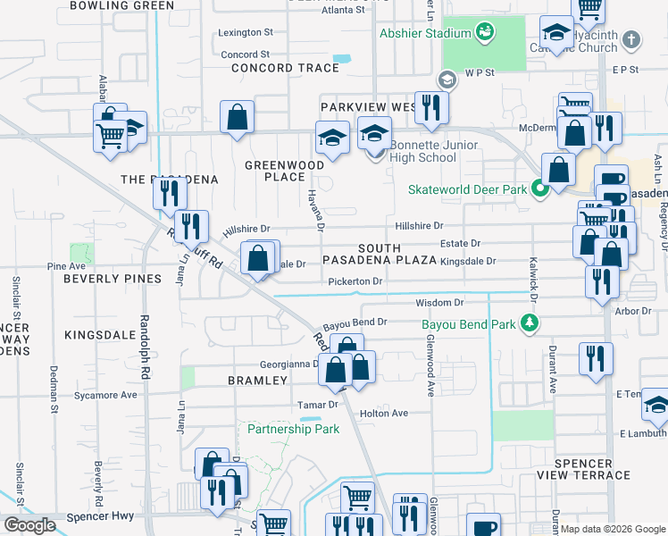 map of restaurants, bars, coffee shops, grocery stores, and more near 2110 Kingsdale Drive in Deer Park
