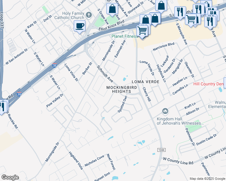 map of restaurants, bars, coffee shops, grocery stores, and more near 1906 Barn Swallow in New Braunfels