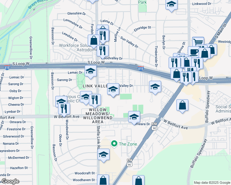 map of restaurants, bars, coffee shops, grocery stores, and more near 9826 Marlink in Houston