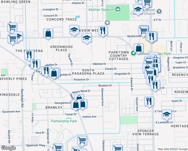map of restaurants, bars, coffee shops, grocery stores, and more near 2310 Kingsdale Drive in Deer Park