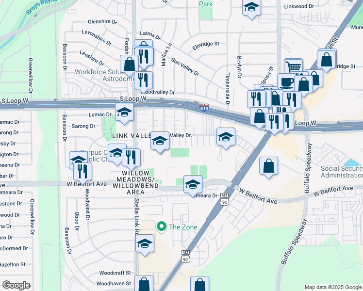 map of restaurants, bars, coffee shops, grocery stores, and more near 9833 Meredith Elise Court in Houston
