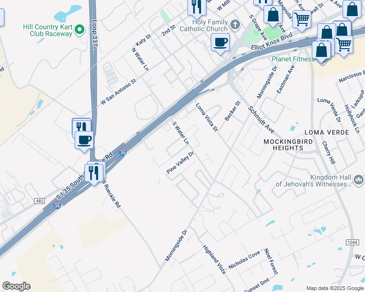map of restaurants, bars, coffee shops, grocery stores, and more near 3016 Douglas Fir in New Braunfels