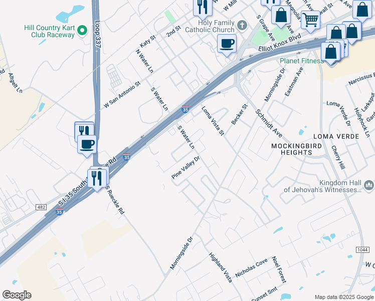 map of restaurants, bars, coffee shops, grocery stores, and more near 3014 Douglas Fir in New Braunfels