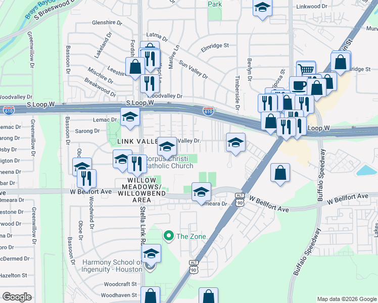 map of restaurants, bars, coffee shops, grocery stores, and more near 9833 Meredith Elise Court in Houston